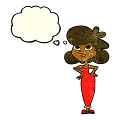cartoon girl with hands on hips with thought bubble