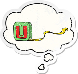cartoon tape measure with thought bubble as a distressed worn sticker