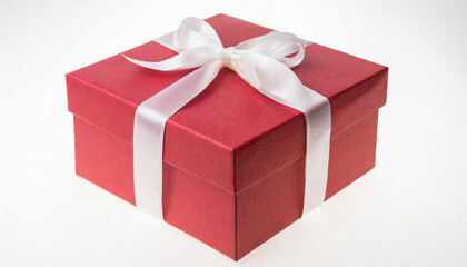 Red gift box with white ribbon  on white background