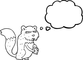 freehand drawn thought bubble cartoon angry squirrel with nut