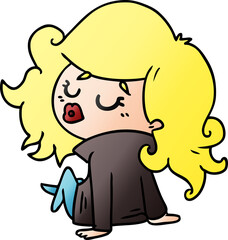 freehand drawn gradient cartoon of cute kawaii girl