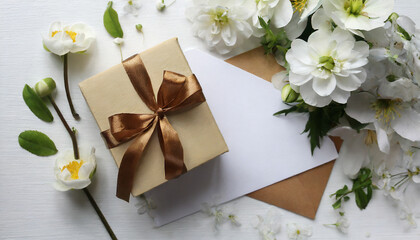 Greeting card design. gift concept. gift box, flowers and an envelope on a white background.