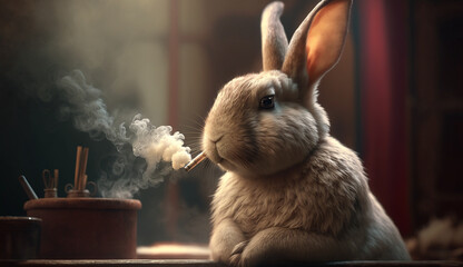 Smoking rabbit animal cigarette easter bunny pictures AI Generated image - obrazy, fototapety, plakaty