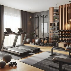 A stylish home gym with treadmills, ellipticals, and weights