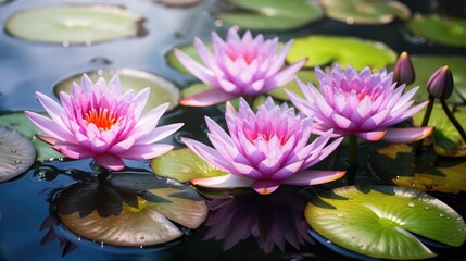 Pink lotuses in clear water, creating a calming scene of floral tranquility