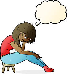 cartoon woman sitting on small stool with thought bubble