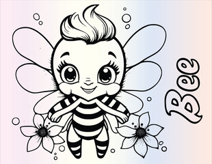 Cute Bee Coloring Page Drawing For Kids