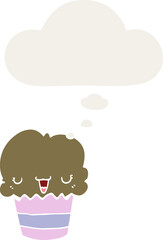 cartoon cupcake with face with thought bubble in retro style