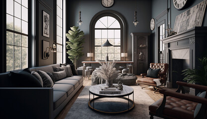Fototapeta na wymiar Transitional modern luxury living room interior design AI Generated image
