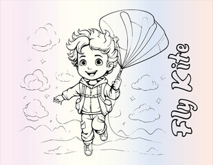 Cheerfully Fly Kite Coloring Page For Kids