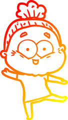 warm gradient line drawing of a cartoon happy old woman