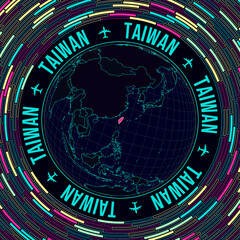 Taiwan on globe. Satellite view of the world centered on Taiwan. Bright neon style. Futuristic radial bricks background. Artistic vector illustration.