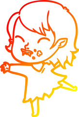 warm gradient line drawing of a cartoon vampire girl with blood on cheek