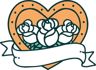 iconic tattoo style image of a heart and banner with flowers