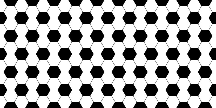 Soccer ball seamless pattern. Repeating black football print isolated on white background. Repeated hexagon texture for sport prints design. Abstract balls repeat wallpaper. Vector illustration