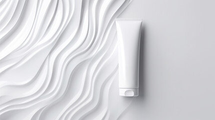 Mockup of a bottle of cosmetics for hair or body, white background, white waves texture