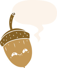 cartoon acorn with speech bubble in retro style