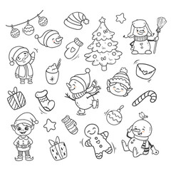 hand drawn Set of Christmas design elements in doodle style. Winter elements, santa claus, gift, elf, snowman. Vector illustration