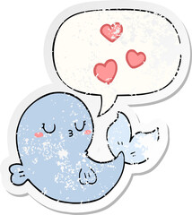 cute cartoon whale in love with speech bubble distressed distressed old sticker