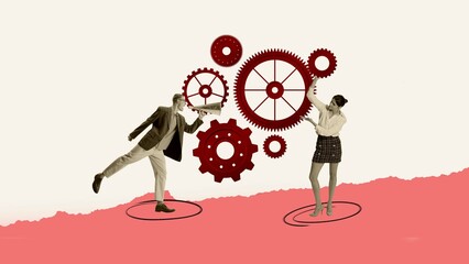 Fixing problems in work. Managers leading control over projects and employee. Contemporary art collage. Concept of corporate culture, business ethics, teamwork, innovations, cooperation