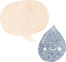cartoon raindrop with speech bubble in grunge distressed retro textured style