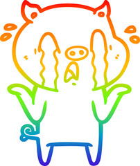 rainbow gradient line drawing of a crying pig cartoon