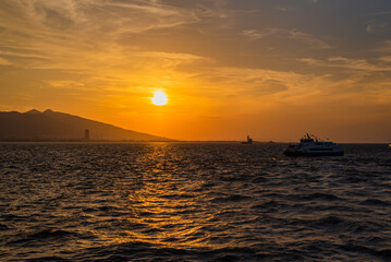 Beautiful colorful dramatic sky with clouds at sunset or sunrise