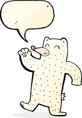 cartoon waving polar bear with speech bubble