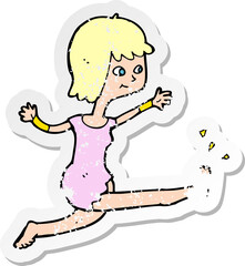 retro distressed sticker of a cartoon happy woman kicking