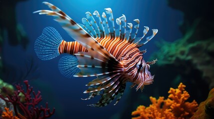 A beautiful predatory Pterois volitans gracefully swims in search of food in the mesmerizing blue water.