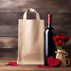 Wine bottle packaging, heart, burlap, natural fabric, mockap