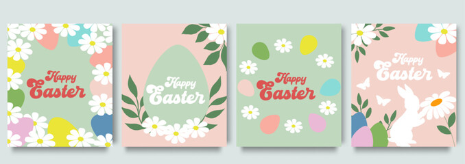 Fototapeta na wymiar Easter floral square templates. Cute vector backgrounds in flat style for social media posts, mobile apps, cards, invitations, banner design and web ads. Vector illustration