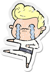 distressed sticker of a cartoon man crying