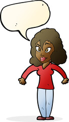 cartoon woman shrugging shoulders with speech bubble