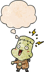 cartoon undead monster man with thought bubble in grunge texture style
