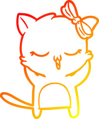 warm gradient line drawing of a cartoon cat with bow on head