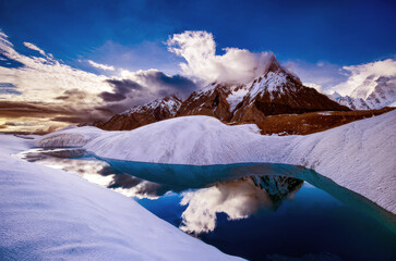 Snow covered mountain glacial lake in the Karakoram mountains 