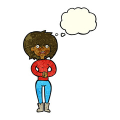cartoon worried woman with thought bubble