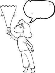 freehand drawn speech bubble cartoon woman searching with torch