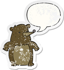 cartoon bear with speech bubble distressed distressed old sticker