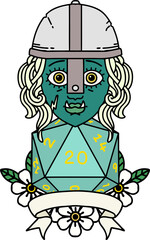 Retro Tattoo Style half orc fighter with natural twenty dice roll