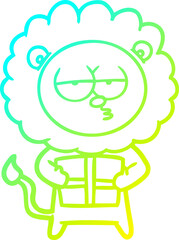 cold gradient line drawing of a cartoon bored lion with present