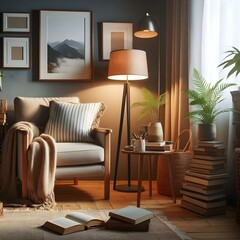 A cozy reading nook with a comfortable chair, a lamp, and a stack of books