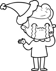 hand drawn line drawing of a man crying wearing santa hat