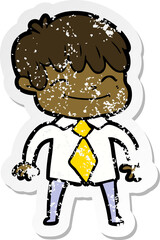 distressed sticker of a cartoon happy boy