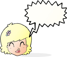 cartoon happy female face with speech bubble