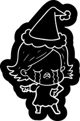quirky cartoon icon of a girl crying and pointing wearing santa hat