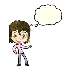 cartoon relaxed woman pointing with thought bubble