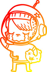 warm gradient line drawing of a cartoon crying astronaut girl carrying rock sample