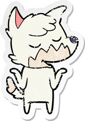 distressed sticker of a friendly cartoon fox
